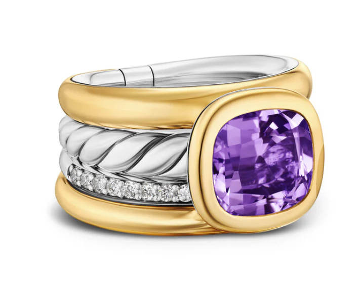 David Yurman Mercer® Four Row Stone Ring In Sterling Silver With 18k Yellow Gold, Amethyst And Diamonds, 14mm
