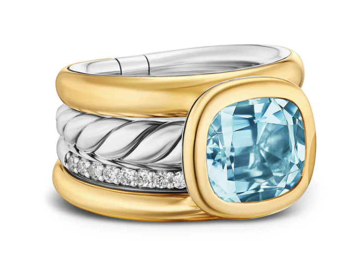 David Yurman Mercer® Four Row Stone Ring In Sterling Silver With 18k Yellow Gold, Sky Blue Topaz And Diamonds, 14mm