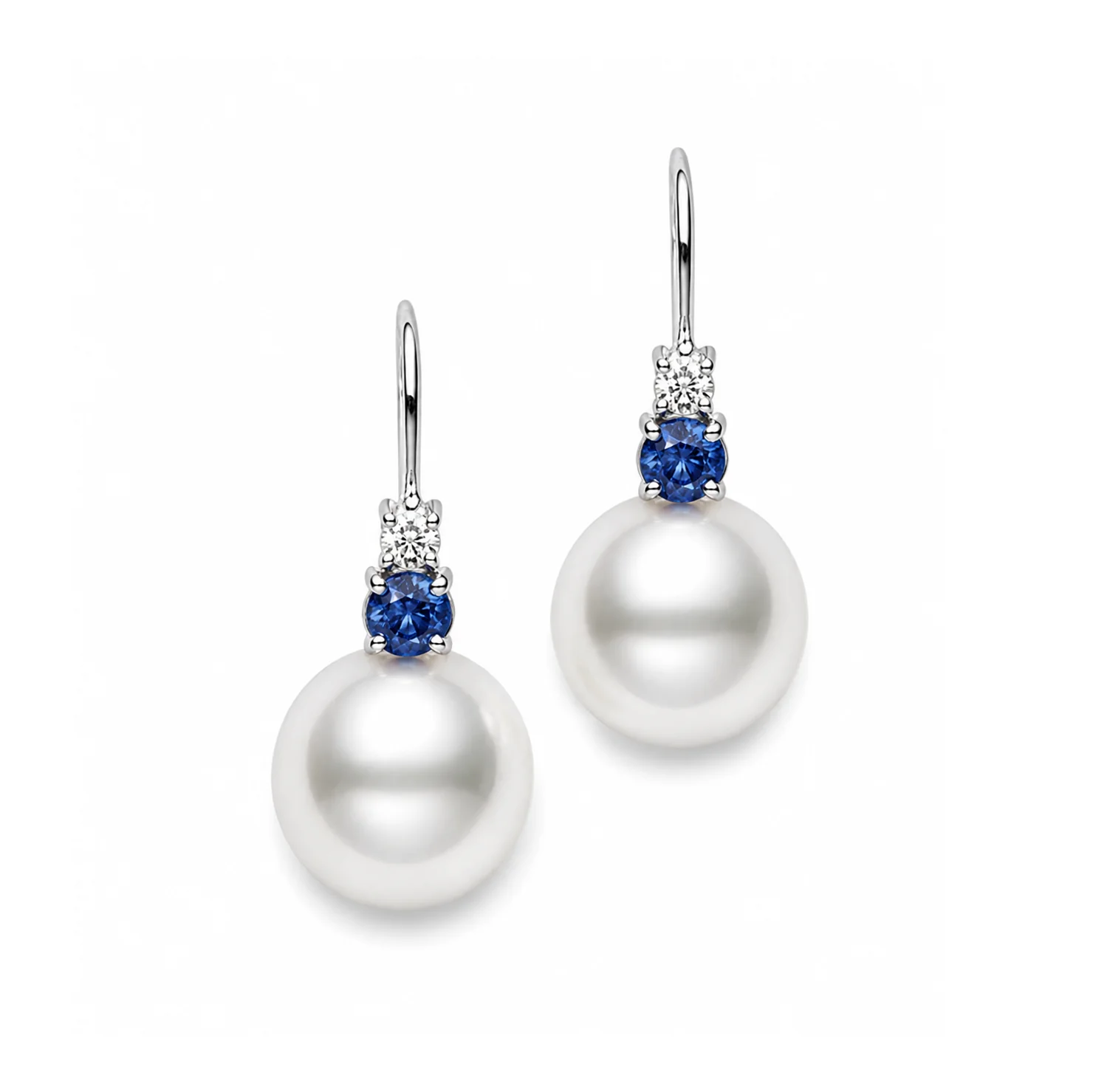 18k White Gold Sapphire, Pearl, & Diamond Drop Earrings