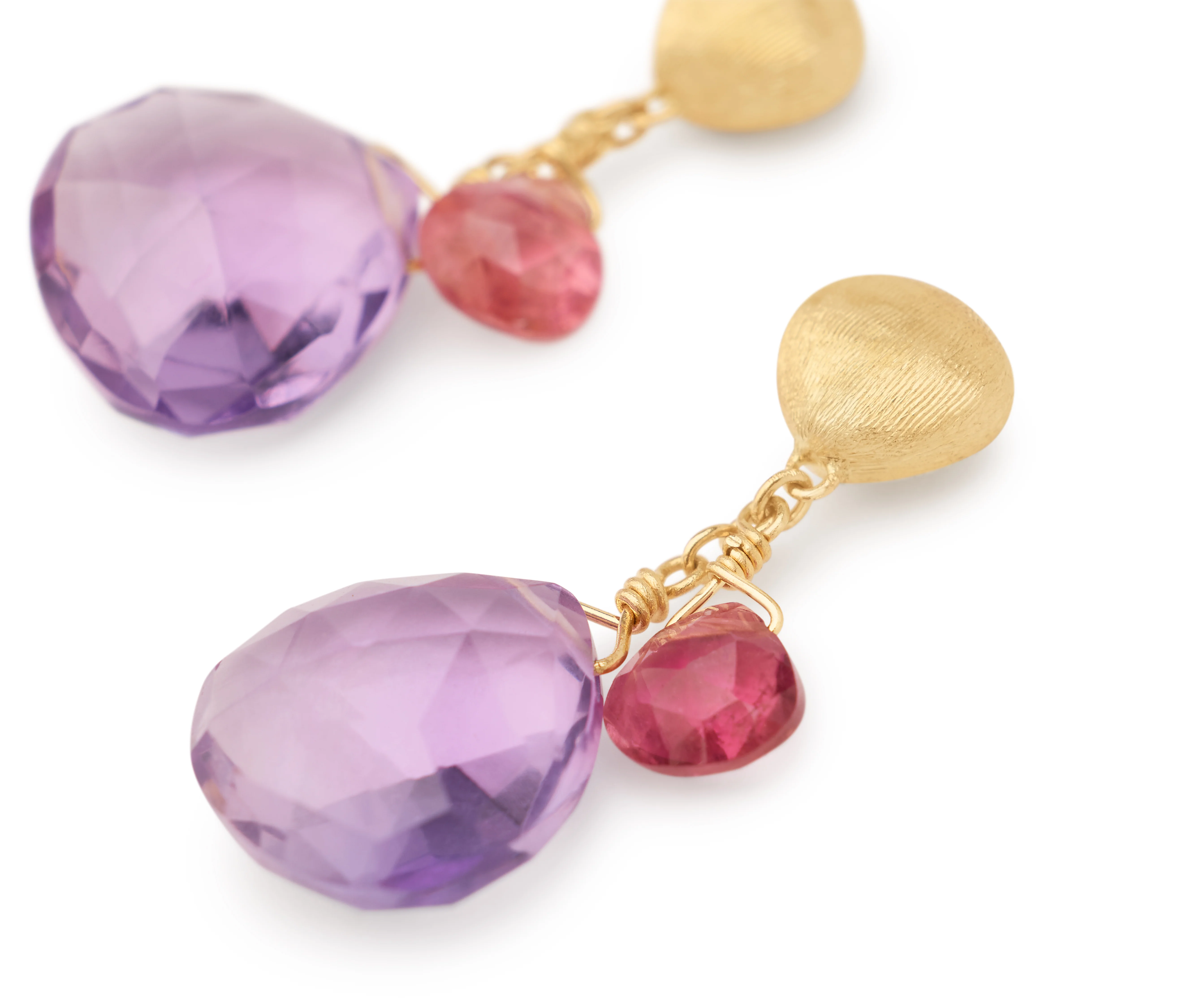 18k Yellow Gold Amethyst & Pink Tourmaline Paradise Drop Earrings - Image 2