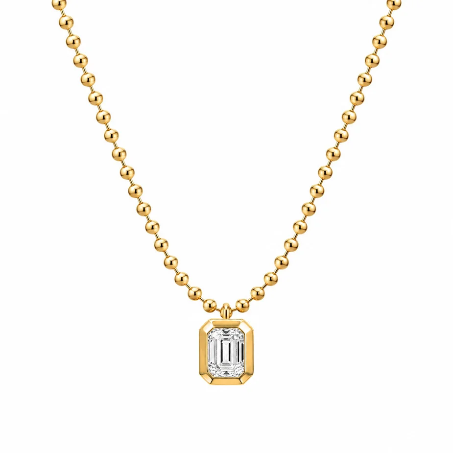 18k Yellow Gold Emerald Cut Diamond Bezel Beaded Necklace