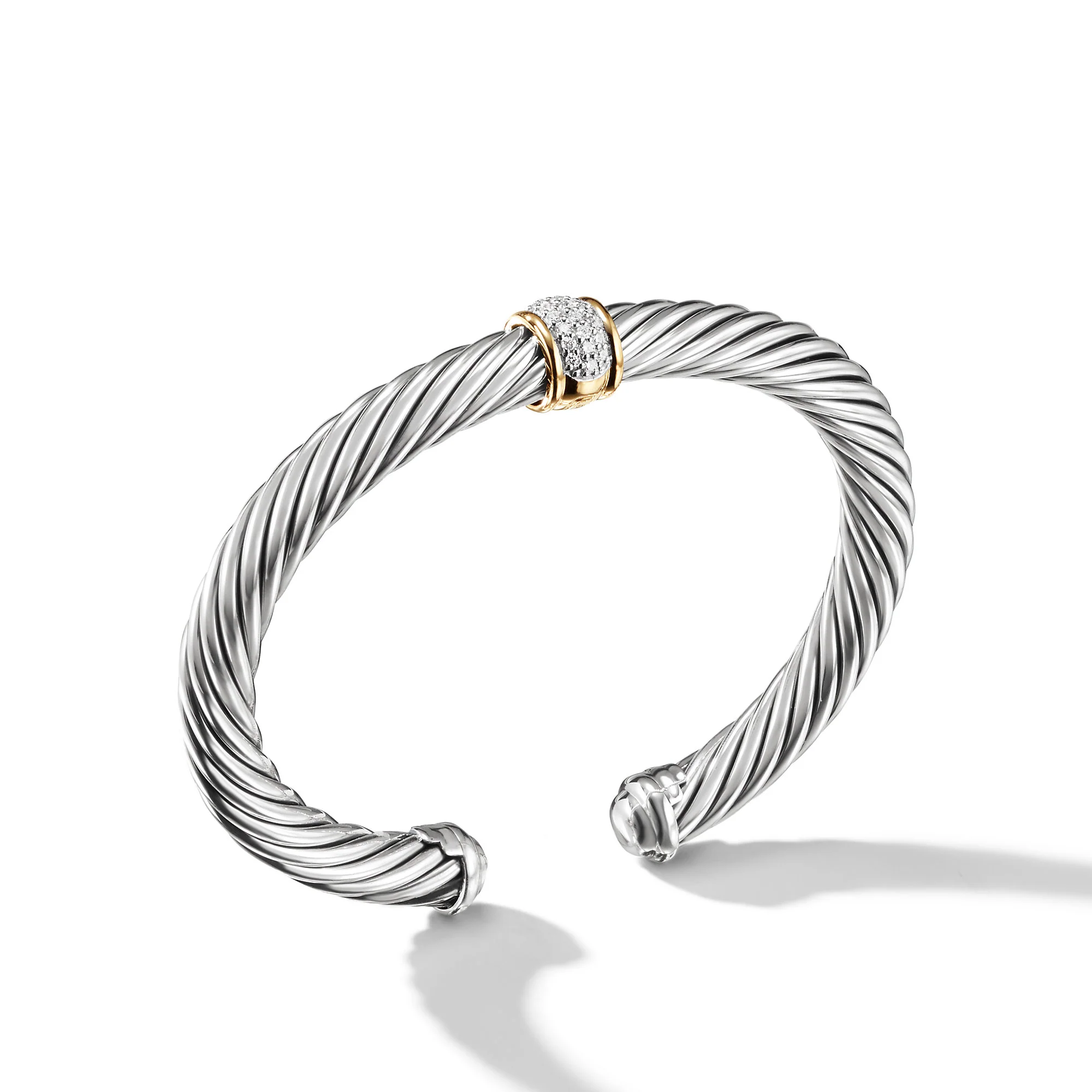 David Yurman Classic Cable Station Bracelet In Sterling Silver With 18k Yellow Gold And Pavé Diamonds, 7mm
