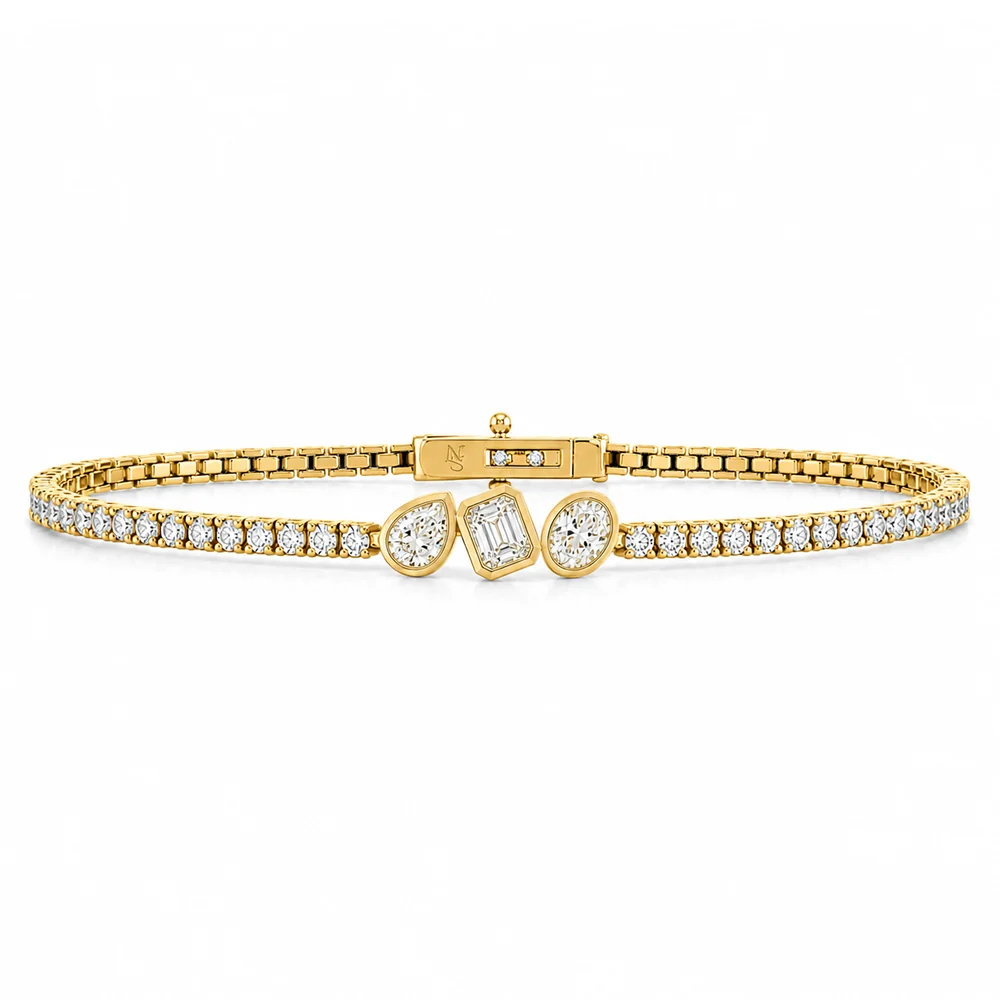 Bezel Set Oval, Emerald, and Pear Diamond Line Bracelet, 2.92ctw