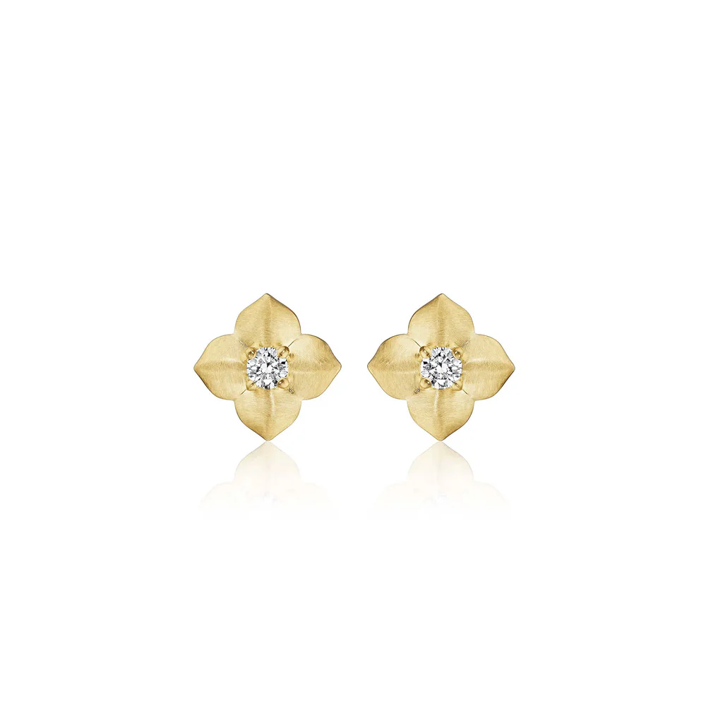 18k Yellow Gold Flower Diamond Stud Earrings